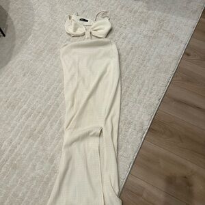 Cream Ribbed Bow-Front Maxi Dress